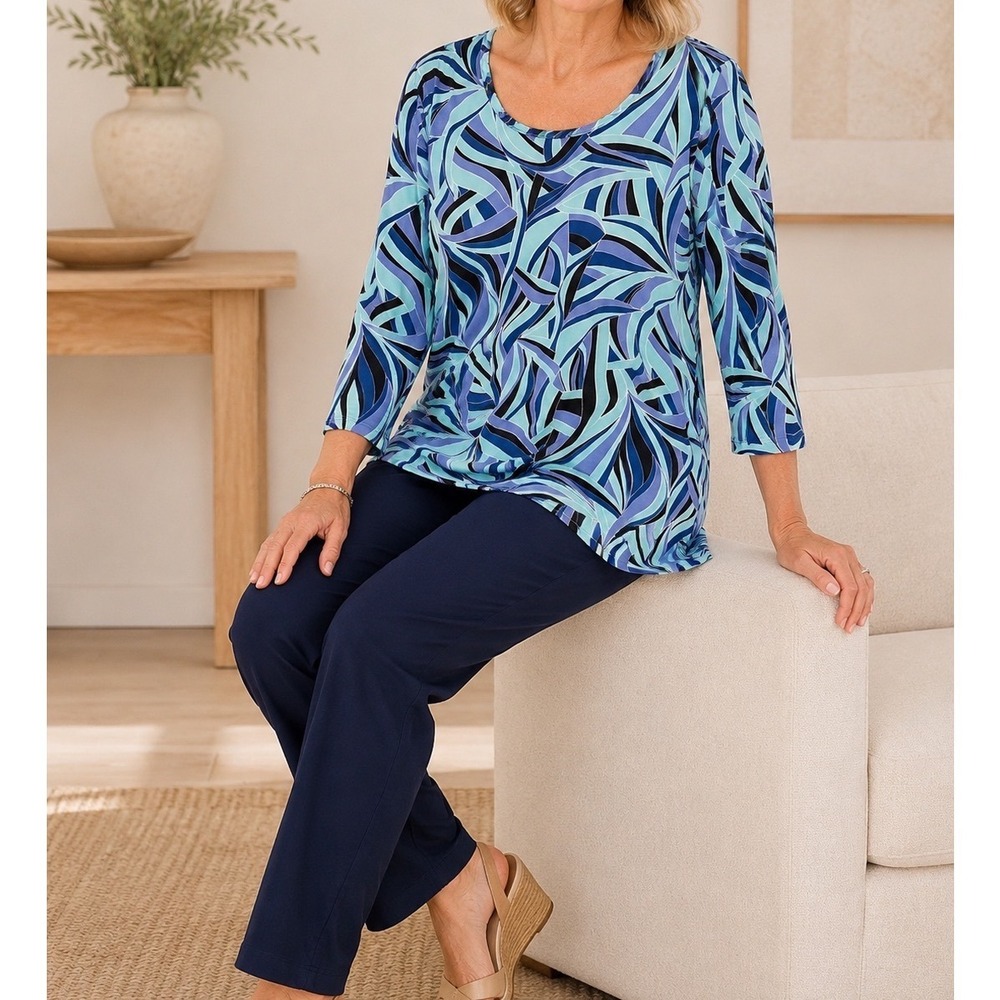 Susan Graver Blue Abstract Liquid Knit Sharkbite Tunic Top Large 3/4 Sleeve